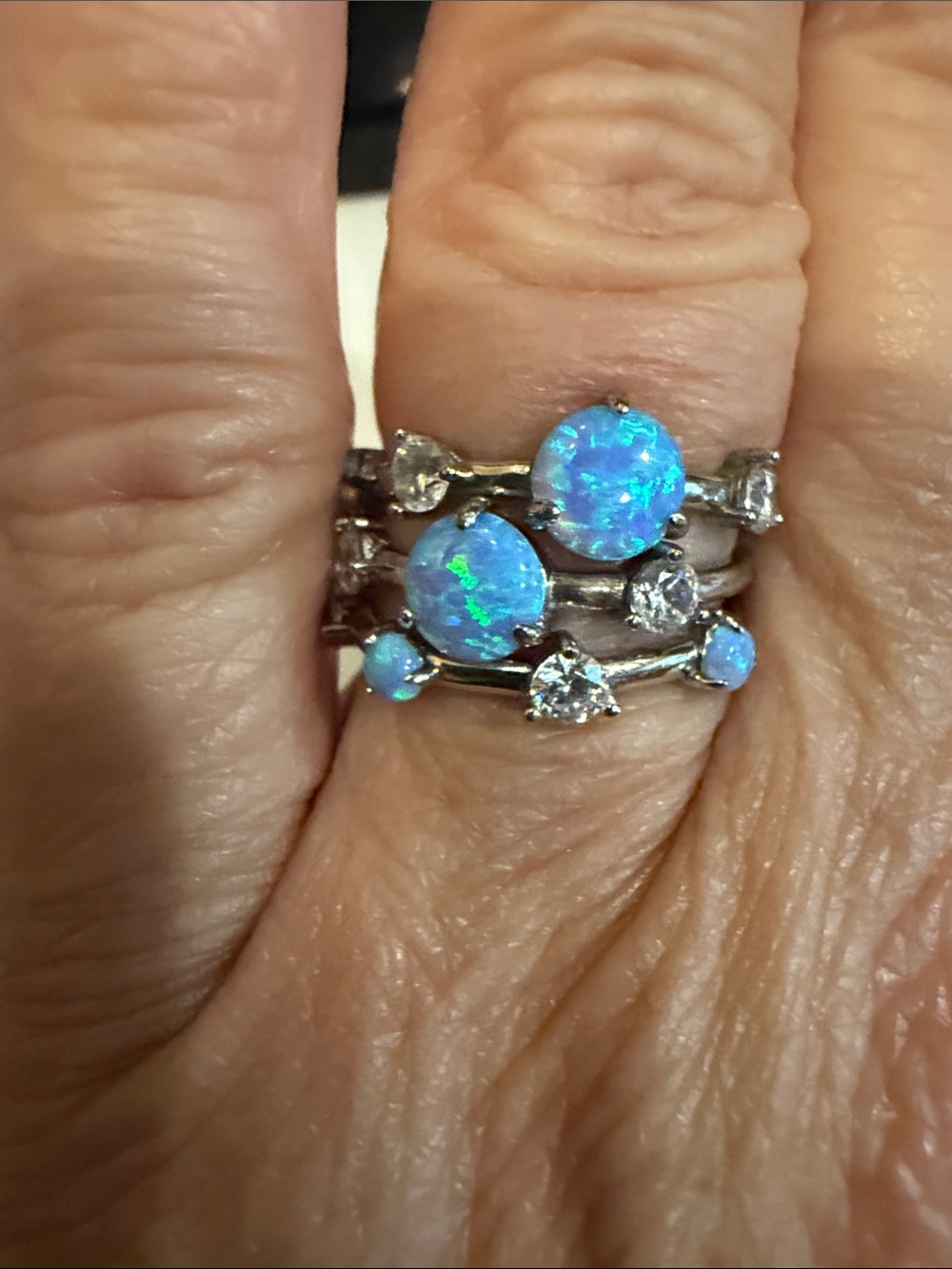 Blue Opal and Cubic Zirconia Stackable Ring Set - Women Jewelry